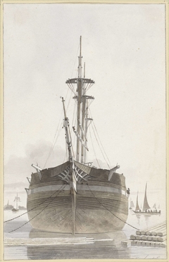 Zeilschip van voren gezien in een houthaven by Hendrik Abraham Klinkhamer