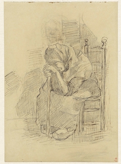 Zittende oude vrouw, geleund op een stok by Jozef Israëls