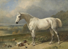 A Grey Horse and Ducks in a Landscape by John Frederick Herring