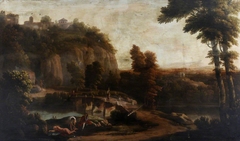 A Hilly Landscape with a Bridge over a River and Figures in the Foreground