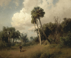 A Hunter among Windswept Palms and Passing Clouds by Hermann Ottomar Herzog