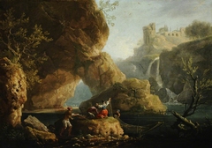 A Rocky Landscape with Fishermen mending Nets by the Falls at Tivoli by manner of Claude-Joseph Vernet