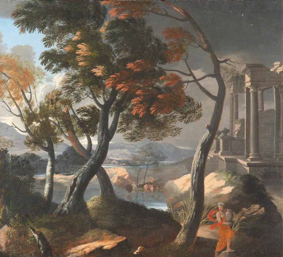 A Wooded River Landscape with a Ruined Temple, Trees and a Woman with a Pitcher