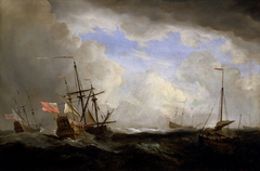An English ship and a hooker at sea in a gale with other ships by Willem van de Velde the Younger