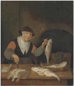 An old woman cleaning a fish at a market stall by Quirijn van Brekelenkam