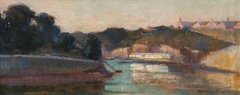 Bay or river with buildings by Clas Edvard Friström