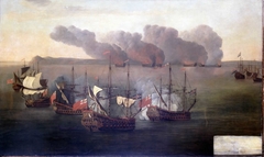 Beach and Van Ghent destroy six Barbary ships near Cape Spartel, Morocco, 17 August 1670 by style of Willem van de Velde