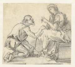 Bedelaar op zijn knieen zittend voor een zittende vrouw by Unknown Artist