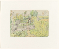 Boerin met juk met melkemmers op de schouders, lopend door een korenveld by Jan Toorop
