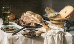 Breakfast Still Life with a Ham and a Basket of Cheese by Pieter Claesz