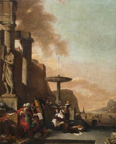 Capriccio of a Mediterranean Seaport with Orientals and an Antique Statue by after Thomas Wyck