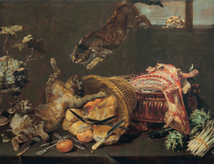 Cats fighting in a larder, with loaves of bread, a dressed lamb, artichokes and grapes