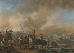Cavalry on the move, a fortification under siege beyond by Philips Wouwerman