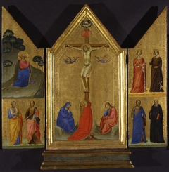 Christ on the Cross between the Virgin and Saints Mary Magdalene and John the Evangelist; left panel: The Agony in the Garden and Saints Peter and Paul; right panel: Saints Catherine of Alexandria and