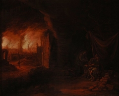 De brand van Sodom en Gomorrah, met op de voorgrond Lot en zijn dochters by Claes Jansz van der Willigen