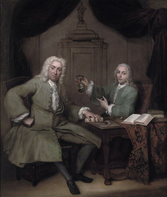 Double portrait of Michiel de Roode (1685-1771) and Jan Punt (1711-1779) with a portrait miniature of Joost van den Vondel by Jan Maurits Quinkhard