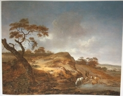 Dune landscape with cattle and cowherds near a pond by Jan Wijnants