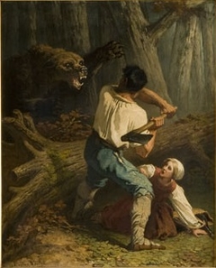Een beer overvalt een houthakker, genaamd 'Strijd op leven en dood'