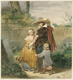Een vader met twee kinderen bij het graf van de moeder by Willem Hendrik Schmidt