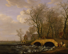 Het lozen van het water uit de in 1809 ingebroken Alblasserwaard door de sluizen van het Elshout by Jacob van Strij