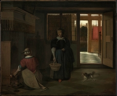 Interior of a Dutch house with a woman kneeling by a fire conversing with a woman standing by Pieter de Hooch
