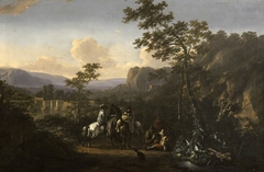 Italian Landscape with Two Horesmen and Figures on a Road by attributed to Jan Asselyn