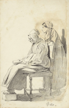 Jonge vrouw staande achter een zittende lezende oude vrouw, van opzij by Pieter van Loon