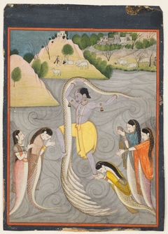 Krishna Quells the Serpent Kaliya, Folio from a Bhagavata Purana (History of God) series by Mola Ram