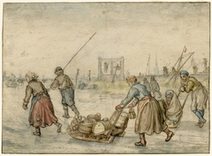 Landlieden met sleden op het ijs by Hendrick Avercamp