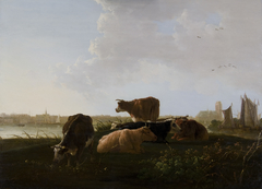 Landscape with cows resting a the bank of the river (Oude) Maas, in the backgrouns Dordrecht by Jacob van Strij