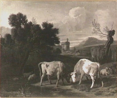 landscape with fighting bulls by Dirck van der Bergen