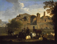 Landscape with Herdsmen and Animals in front of the Baths of Diocletian, Rome by Pieter van Bloemen
