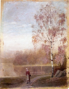 Landscape with Woman Walking by a Lake by Edvard Munch