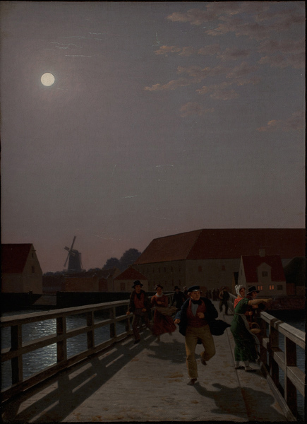 Langebro, Copenhagen, in the Moonlight with Running Figures