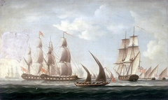Mahratta pirates attacking the sloop 'Aurora', of the Bombay Marine, 1812; beginning of the action by Thomas Buttersworth
