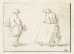 Man met twee zakken en een man met een grote kist by Herman Saftleven