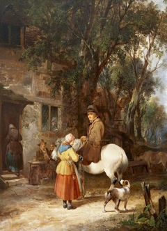 Man on a Horse being served outside an Inn