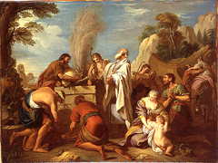Manué offre un sacrifice au Seigneur pour obtenir un fils by Charles-Joseph Natoire