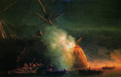 Mine attack by boats of the steamer Grand Duke Constantine on the Turkish battleship Assari-Shevket on the Sukhum roadstead on August 12, 1877 by Ivan Ayvazovsky