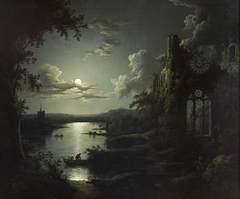 Moonlit Lake with a Ruined Gothic Church, a Church and Boatmen