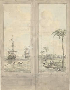Ontwerp voor twee behangvlakken: rivier met schepen in de kolonieën by Jurriaan Andriessen
