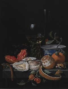 Oysters, Fruit and a Wineglass on a Stone Table