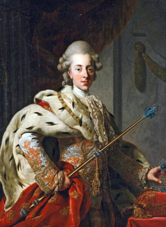 Portræt af Christian VII, knæstykke, i kroningsdragt og holdende krone og scepter by Alexander Roslin