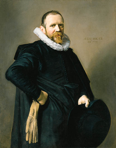 Portrait of a standing man holding a hat by Frans Hals