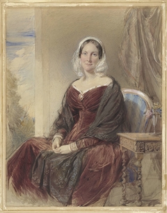 Portret van een zittende dame bij een doorkijk naar buiten by George Richmond