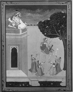 Princely Couple on Balcony Watching Maidens on Swing and Dancers by Anonymous