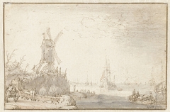 Riviergezicht met windmolen by Cornelis Claesz van Wieringen