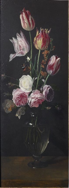 Roses, tulips and a wallflower in a glass vase, 1635-1667