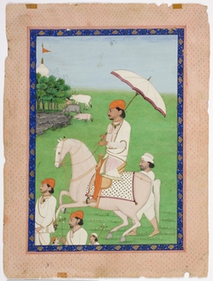 Sikh Gentleman Riding with Retainers