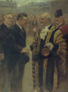 Sir George Broadbridge, lord-maire de Londres, serre la main M Raymond Laurent, président du Conseil municipal, sur le perron de l'Hôtel de Ville ; à gauche, MVictor Bucaille, syndic Réception officielle à l'Hôtel de Ville, du maire de Londres , le by Noël Dorville